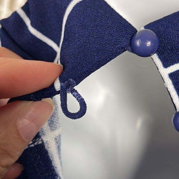 Navy & White Window Pane Plaid Stretch Fit & Flare Mock Neck Dress sz S - Picture 4 of 7